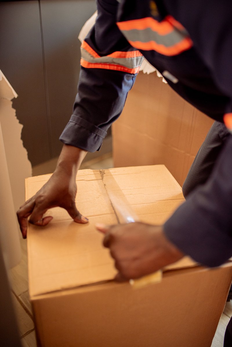 Pelican mover carefully sealing a box